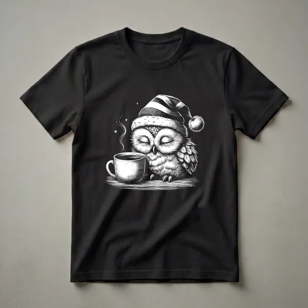 Black and white graphic t-shirt featuring a sleepy owl wearing a striped nightcap next to a steaming cup of coffee.
