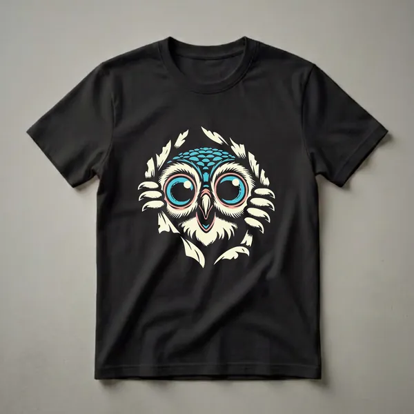 Black t-shirt featuring a graphic design of an owl's face peeking through abstract shapes, with large blue eyes and accents of cream and pink.