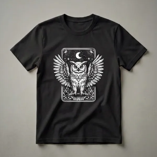 Black graphic t-shirt featuring a white linocut-style illustration of a great horned owl with spread wings, a crescent moon, and stars within a decorative frame.