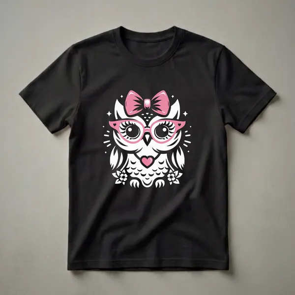 Black t-shirt featuring a white graphic of a cute owl wearing pink heart-shaped glasses and a pink bow, with floral accents.