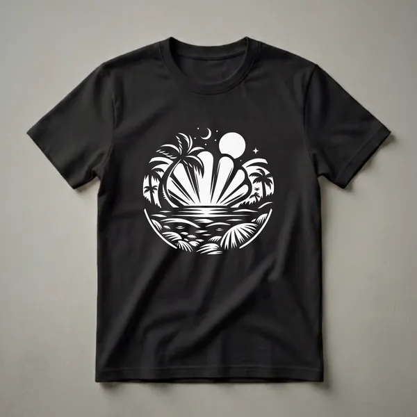 Black t-shirt with a white graphic design of a beach scene at twilight, featuring a large clam shell, palm trees, a crescent moon, and a sun.