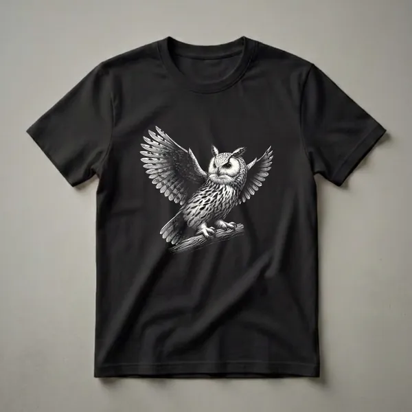 Black and white graphic t-shirt featuring a Great Horned Owl perched on a branch with its wings spread wide, detailed feather patterns.