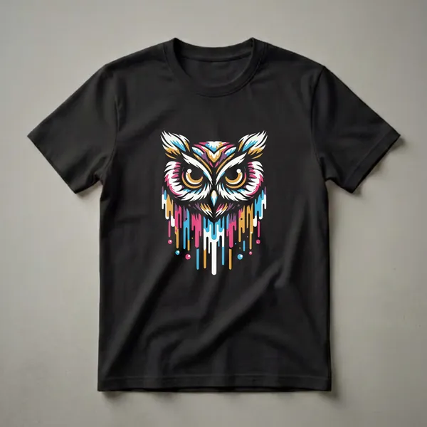 Black t-shirt featuring a geometric owl face with a colorful dripping paint effect in pink, blue, yellow, and purple.