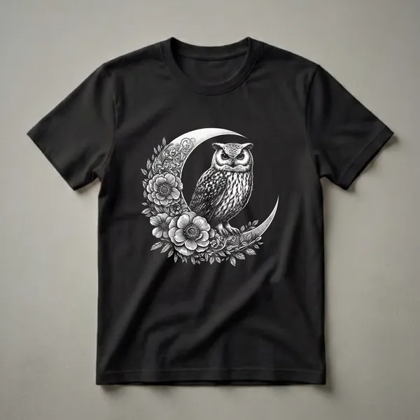 Black and white graphic t-shirt featuring a detailed illustration of a great horned owl perched on a crescent moon surrounded by intricate floral designs and leaves.