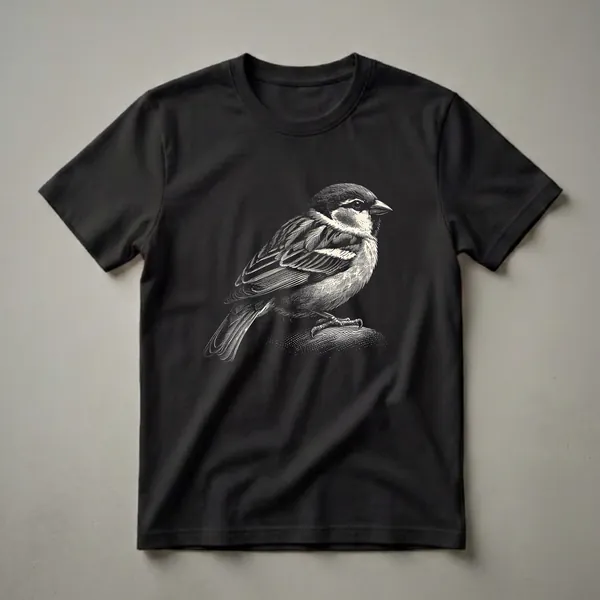 A black and white sepia-toned graphic art t-shirt featuring a detailed illustration of a sparrow perched on a textured surface, against a black background.