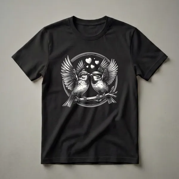 Black and white graphic t-shirt featuring two sparrows perched on a branch, with hearts and a circular frame, in an engraving art style.