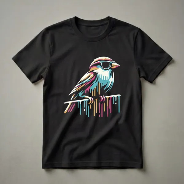 Black t-shirt featuring a colorful geometric sparrow wearing sunglasses, with a dripping paint effect on its body and perch.