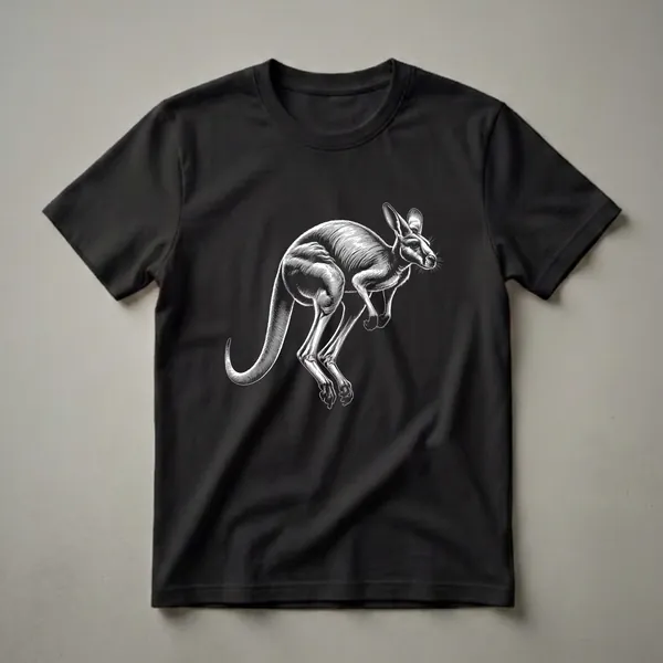 Black and white scratchboard graphic of a kangaroo in mid-jump, depicted on a black t-shirt.
