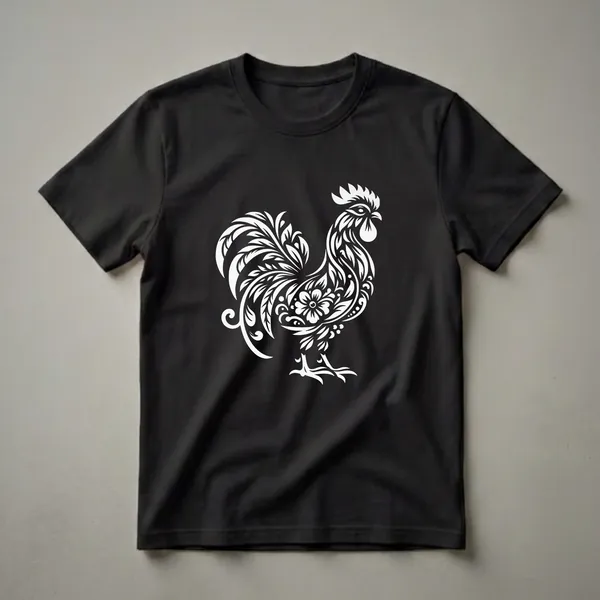 White floral rooster graphic t-shirt design on a black background, featuring intricate leaf and flower patterns.