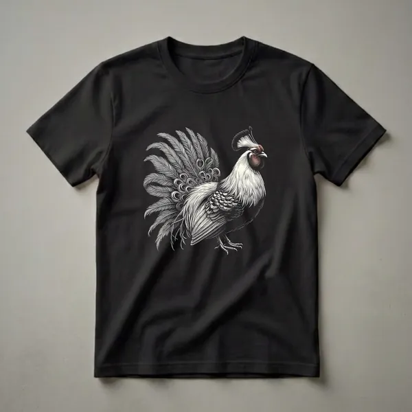 Black and white graphic art t-shirt featuring a detailed illustration of a crowned rooster with elaborate tail feathers and a distinctive crest.