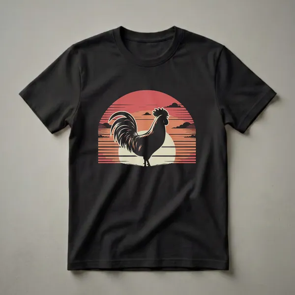 Black rooster silhouette against a retro sunset with orange, red, and cream horizontal lines and stylized clouds, on a black t-shirt.