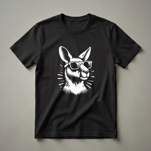 White graphic of a kangaroo wearing sunglasses, with radiating lines, on a black t-shirt.