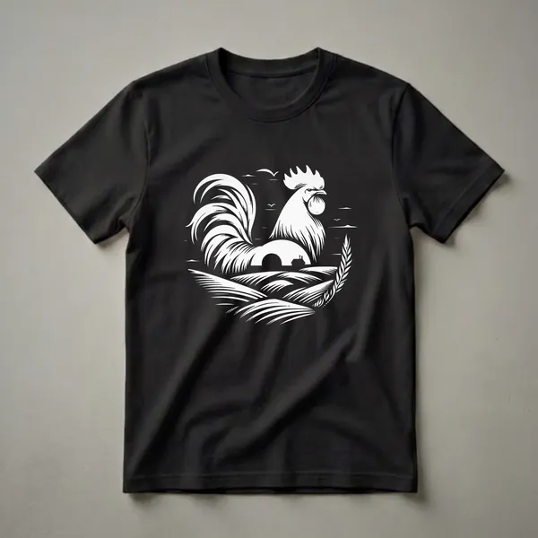 White graphic art design of a rooster in a rural landscape with rolling fields, a house, and birds in the sky, presented on a black t-shirt.
