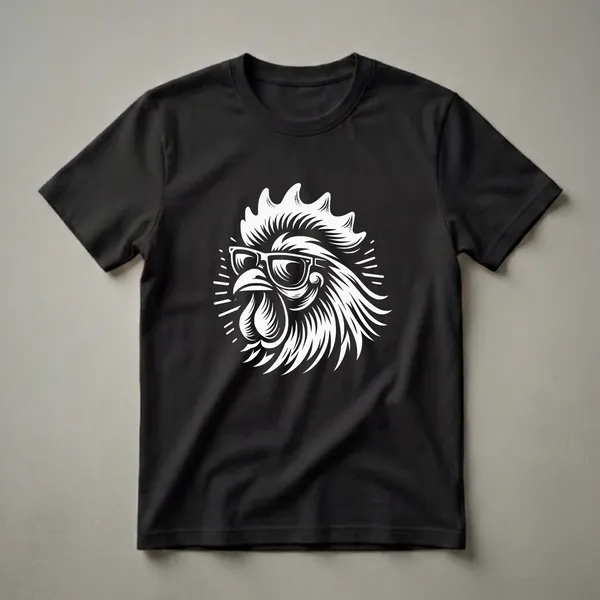 White graphic illustration of a rooster's head wearing sunglasses, with stylized feathers and sunburst lines, on a black t-shirt.