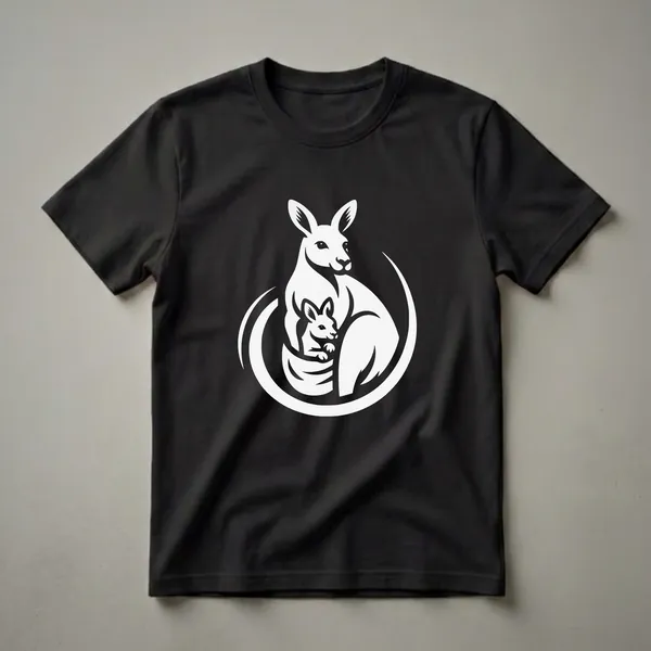 White graphic art of a mother kangaroo with a joey in her pouch, enclosed by a curved shape, on a black t-shirt.
