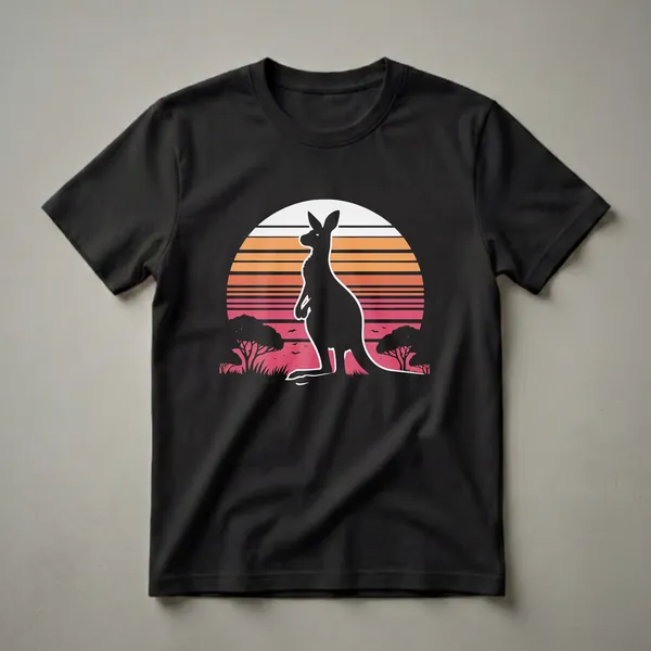 Black silhouette of a kangaroo standing in front of a retro sunset with orange, red, and pink stripes, surrounded by silhouetted trees and grass on a black t-shirt.