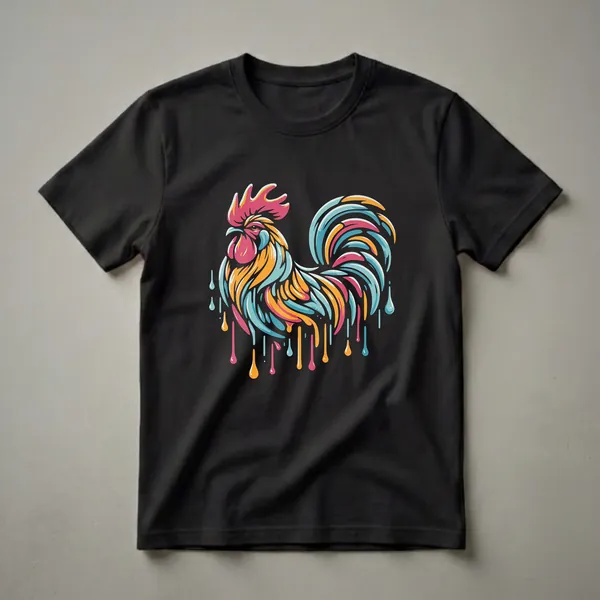 Black t-shirt featuring a colorful geometric rooster design with pink, orange, and teal accents and dripping paint effect.