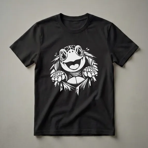 White graphic of a smiling cartoon sea turtle with large eyes and flippers visible, peeking from behind jagged shapes on a black t-shirt.