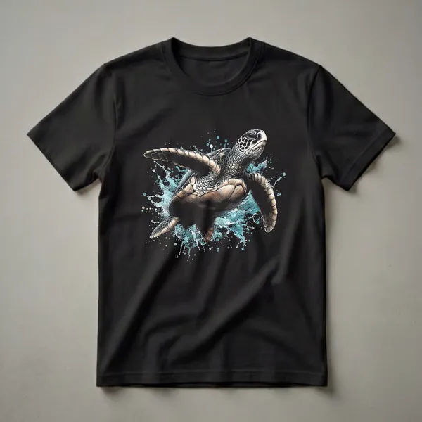 Black t-shirt with a watercolor graphic of a sea turtle swimming through a splash of turquoise water, with small droplets scattered around.