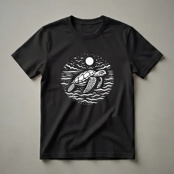 Black t-shirt with a white graphic design of a sea turtle swimming in the ocean under a full moon and starry sky, with birds flying above.