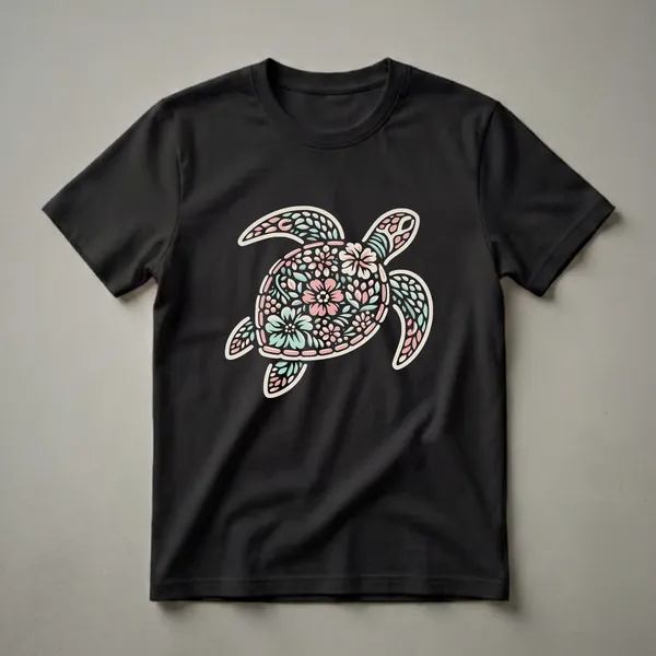 Black t-shirt featuring a stylized sea turtle filled with pink, teal, and cream floral patterns and leaf motifs, outlined in cream.