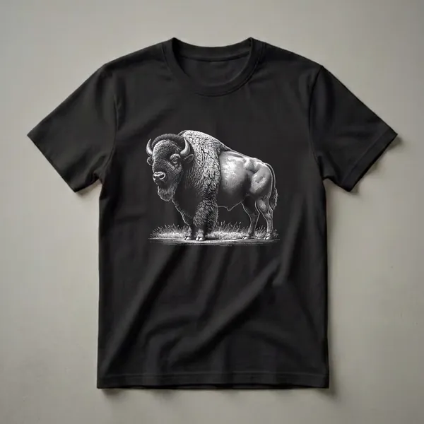 Black and white graphic t-shirt featuring a vintage illustration of an American Bison standing in grass.