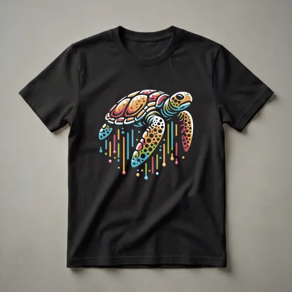 Black t-shirt featuring a geometric sea turtle in vibrant colors like orange, red, yellow, blue, and green, with colorful dripping lines below.