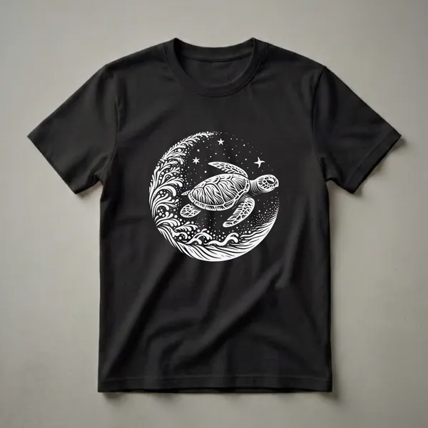 Black t-shirt with a white graphic design of a sea turtle swimming in a starry night sky with stylized waves and floral elements within a circular frame.