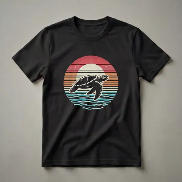 Black silhouette of a sea turtle swimming in stylized waves against a retro sunset with red, orange, and cream stripes, on a black t-shirt.