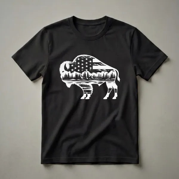 White graphic t-shirt design featuring a bison silhouette filled with an American flag, pine trees, a lake, and mountains.