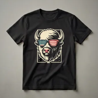 Patriotic Bison American Flag Sunglasses Graphic T-Shirt for Patriots