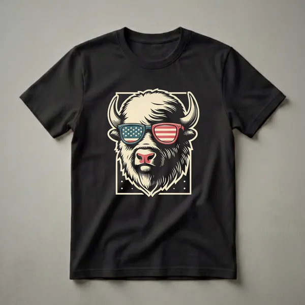 Black t-shirt with a cream woodcut-style bison bust wearing American flag sunglasses, framed by a cream rectangle with small stars, red and white stripes on one lens.