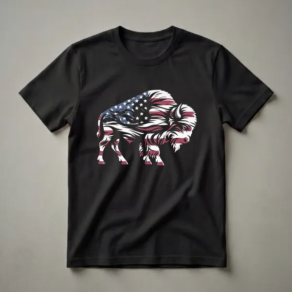 Black t-shirt featuring a graphic design of an American bison silhouette filled with the American flag, showing stars and stripes.