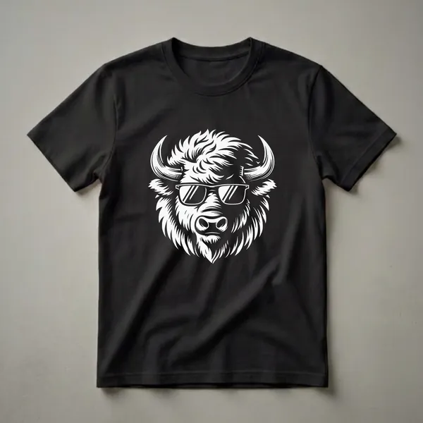 White graphic of an American Bison wearing sunglasses, with a shaggy mane and horns, on a black background.