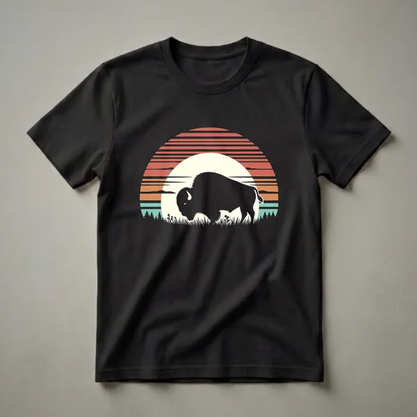Black silhouette of an American Bison grazing in a field against a retro sunset with striped sky and pine trees. The shirt is black.