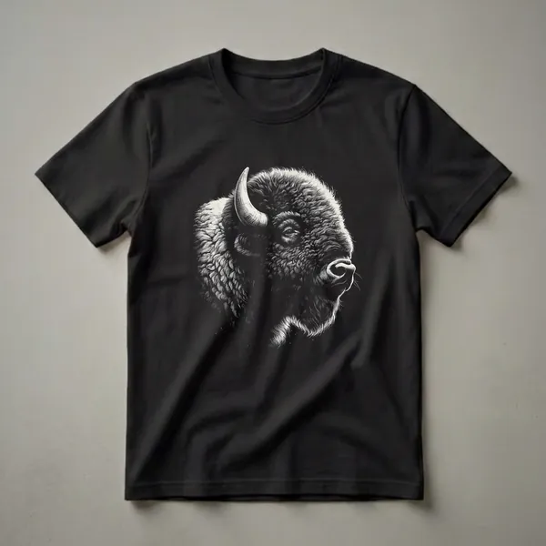Black and white graphic t-shirt featuring a detailed illustration of an American Bison head in profile, showcasing its shaggy fur and horn.