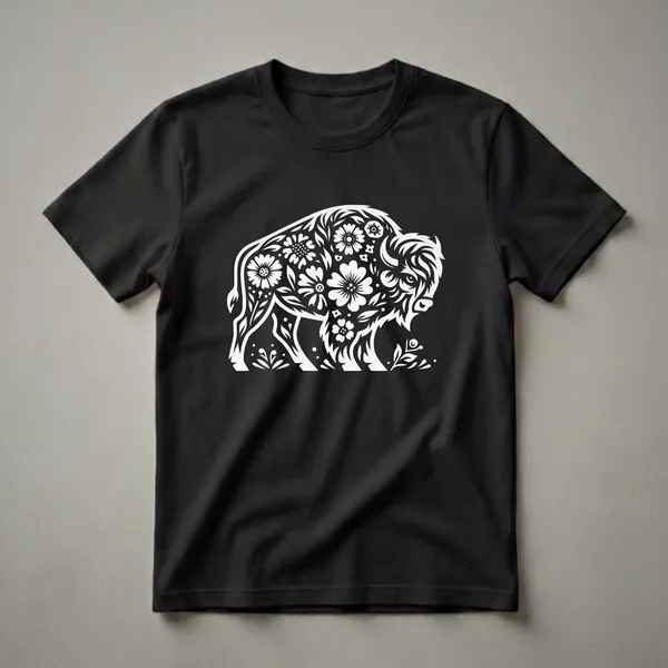 White floral American bison graphic on a black t-shirt, showcasing intricate flower and leaf patterns within the animal's silhouette.