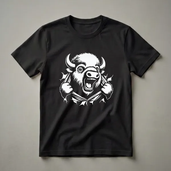 White graphic of a roaring American Bison head with wide eyes and an open mouth, tearing through a black background, on a black t-shirt.