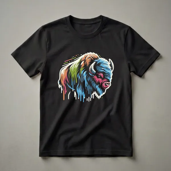 Black t-shirt featuring a colorful, geometric American Bison head with dripping paint accents in blue, pink, orange, and green.