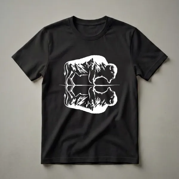 White graphic of an American Bison with a mountain landscape integrated into its body, bending to drink from water, with its reflection below, on a black t-shirt.