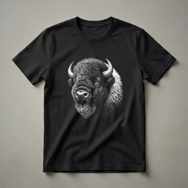 Black and white linocut graphic t-shirt featuring the detailed head of an American Bison with prominent horns and shaggy fur, set against a black background.