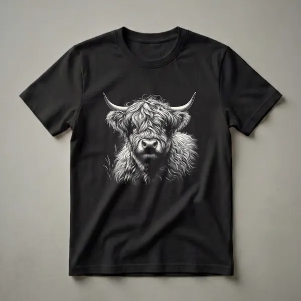 Black and white graphic t-shirt featuring a detailed drawing of a Scottish Highland cow's face with long, shaggy hair and curved horns.