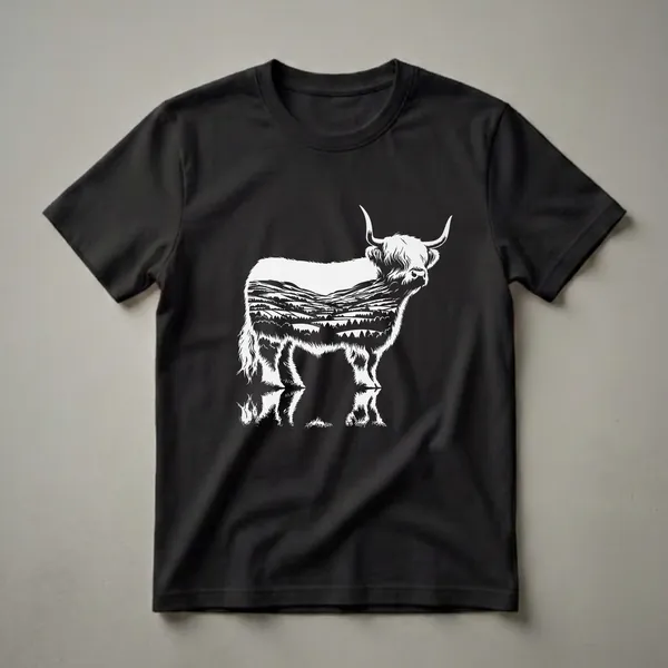 White graphic t-shirt featuring a Highland cow silhouette filled with a landscape of rolling hills and trees, set against a black background.