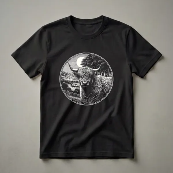 Black and white graphic t-shirt featuring a Highland cow in a circular woodcut-style illustration with a moonlit landscape, forest, and distant herd.