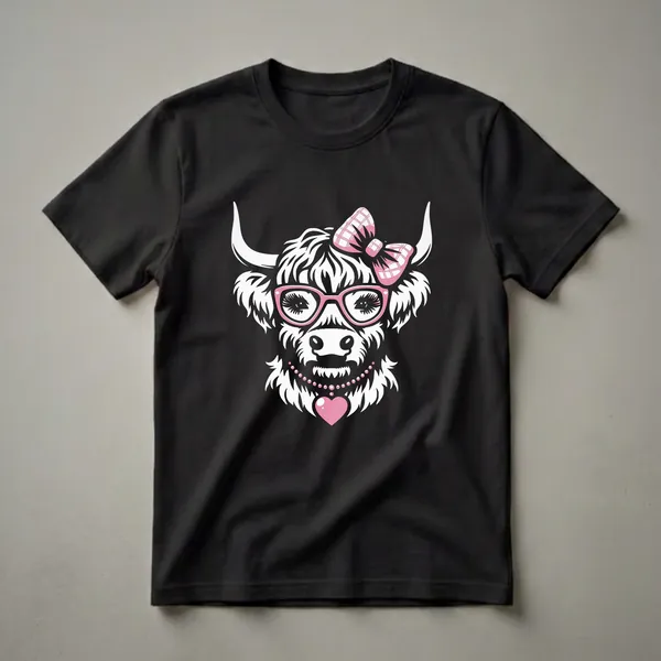 White graphic of a Scottish Highland cow wearing pink glasses, a pink plaid bow, and a pink pearl necklace with a heart pendant, on a black t-shirt.