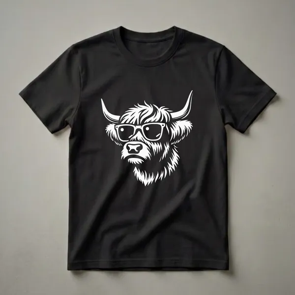 White graphic of a Scottish Highland cow wearing sunglasses, depicted on a black t-shirt.