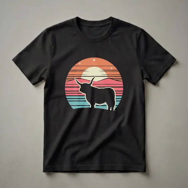Black silhouette of a Scottish Highland cow against a retro sunset with orange, pink, and teal stripes and three stars. The shirt is black.