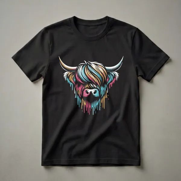 Black t-shirt with a colorful graphic of a Scottish Highland cow's face, featuring dripping paint in teal, pink, and gold.