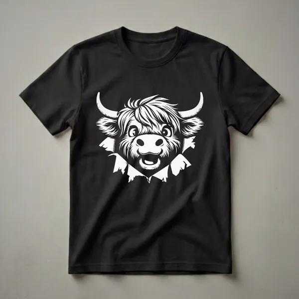 White graphic of a cartoon Scottish Highland cow's face with long hair and horns, peeking through torn paper, on a black background.
