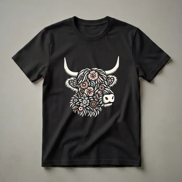Black t-shirt featuring a stylized Highland cow head illustration composed of pastel pink, mint green, and cream flowers and leaves, with cream-colored horns.